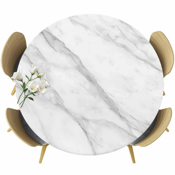 Marble Round Tablecloth 36-44 Inch Round Fitted Table Cloth with Elastic Edge, Modern Grey White Rock Monochrome Simple Waterproof Table Cover Protector for Outdoor Picnic Party Dining