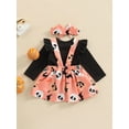 thumbnail image 4 of 3 Pcs Baby Girls Halloween Outfits, Letter Print Fly Sleeve Romper + Pumpkin  Skull Print Suspender Skirt + Bow Headband, 4 of 9