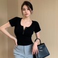 thumbnail image 1 of T-shirts Courts en Coton pour Femmes, Noirs, Couleur Unie, Col Rond, Manches Courtes Serrées, Mode, Tops de Rue, 1 of 5