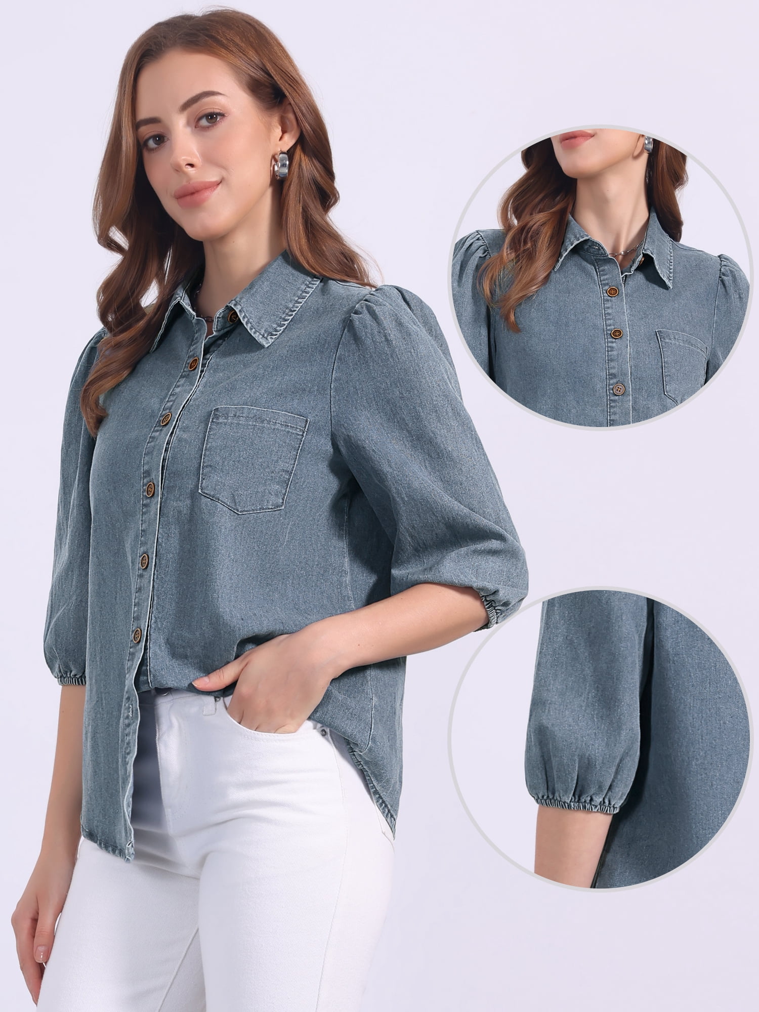 DARING DIVA Women's 3/4 Puff Sleeve Collar Button Down Jean Shirts M Gray Blue