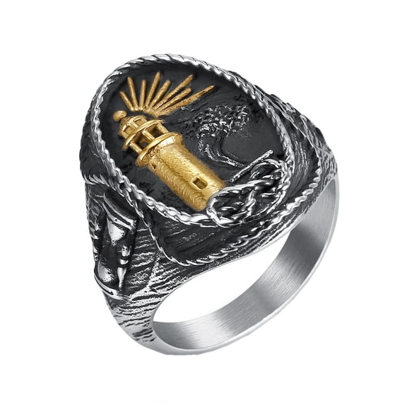 HIJONES Men's Stainless Steel Gothic Lighthouse Signet Ring Rope Hourglass Engraved Engagement Wedding Band Gold Size 11