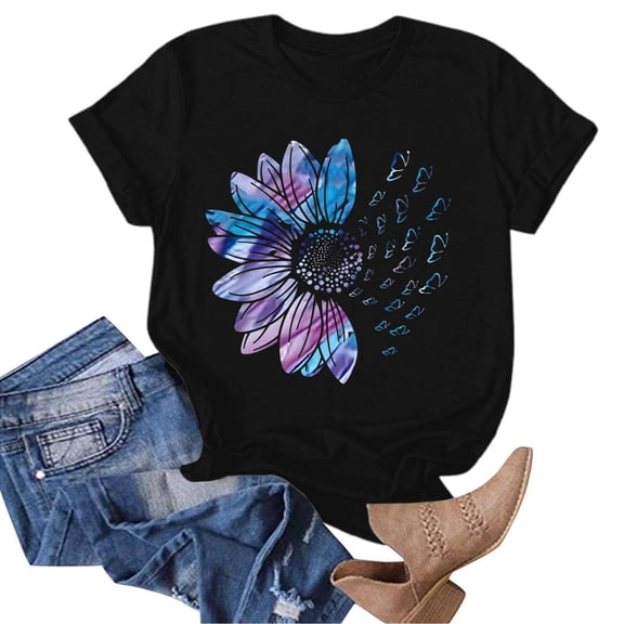 FASHOFT Women's Vintage Floral T Shirt Boho Wildflower Graphic Loose Fit Tees Short Sleeve Casual Tops Black L