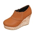 thumbnail image 5 of Rokment Studded Platform Wedge Dress Ankle Boots for Women Ladies 2026 Spring Fall Fashion Leather Wooden Chunky High Heels Combat Short Booties Brown Size 6.5, 5 of 6