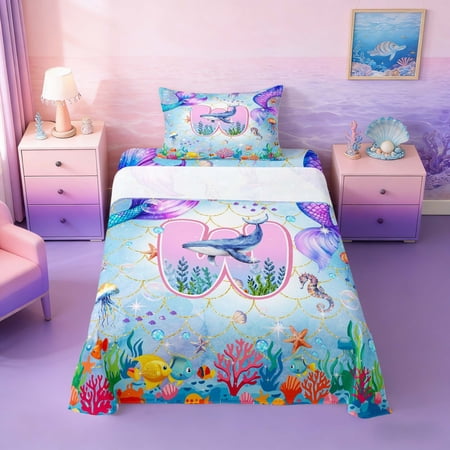 Manfei Watercolor Mermaid Tail Letter W Twin Sheet Sets for Kids Boys and Girls Cartoon Ocean Animal Bedding 3pcs 1 Flat Sheet 1 Fitted Sheet and 1 Pillowcase