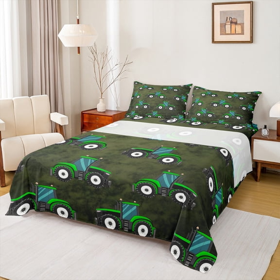 Feelyou Green Tractor Child Full Size Sheets, Cartoon Vehicle Print Bed Sheets, Rustic Excavator Sheet Sets, Super Cozy Room Decor, 4-Piece
