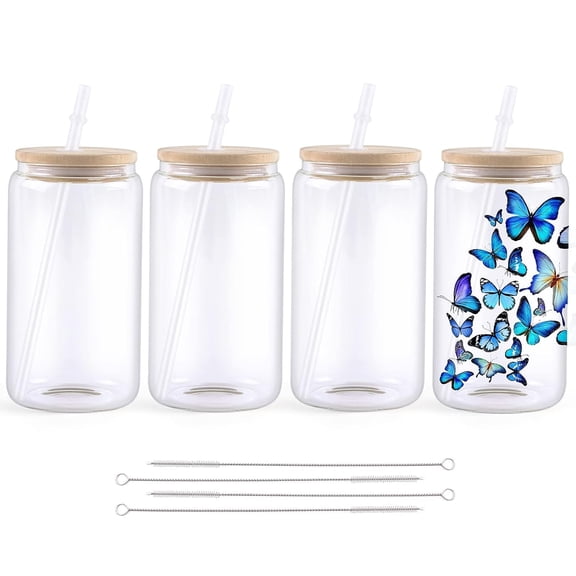 HTVRONT 4Pack 16oz Clear Sublimation Glass Blanks Tumblers Mugs w/ Bamboo Lid for Iced Coffee Beer Drinks