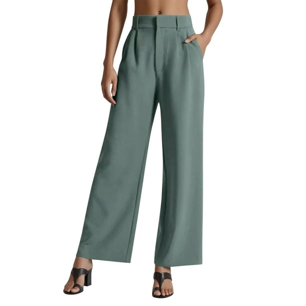Pantalones de vestir de cintura alta y pierna ancha para mujer - Pantalones de trabajo con pliegues, elástico en la parte trasera y bolsillos laterales
