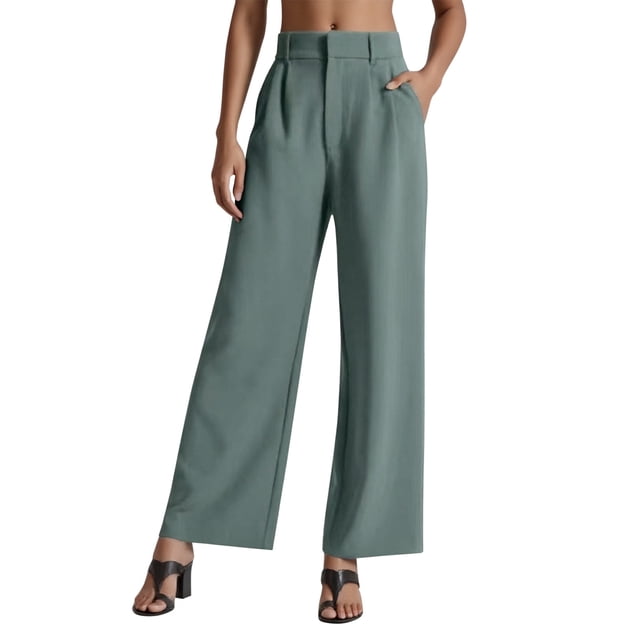 Pantalones de vestir de cintura alta y pierna ancha para mujer - Pantalones de trabajo con pliegues, elástico en la parte trasera y bolsillos laterales