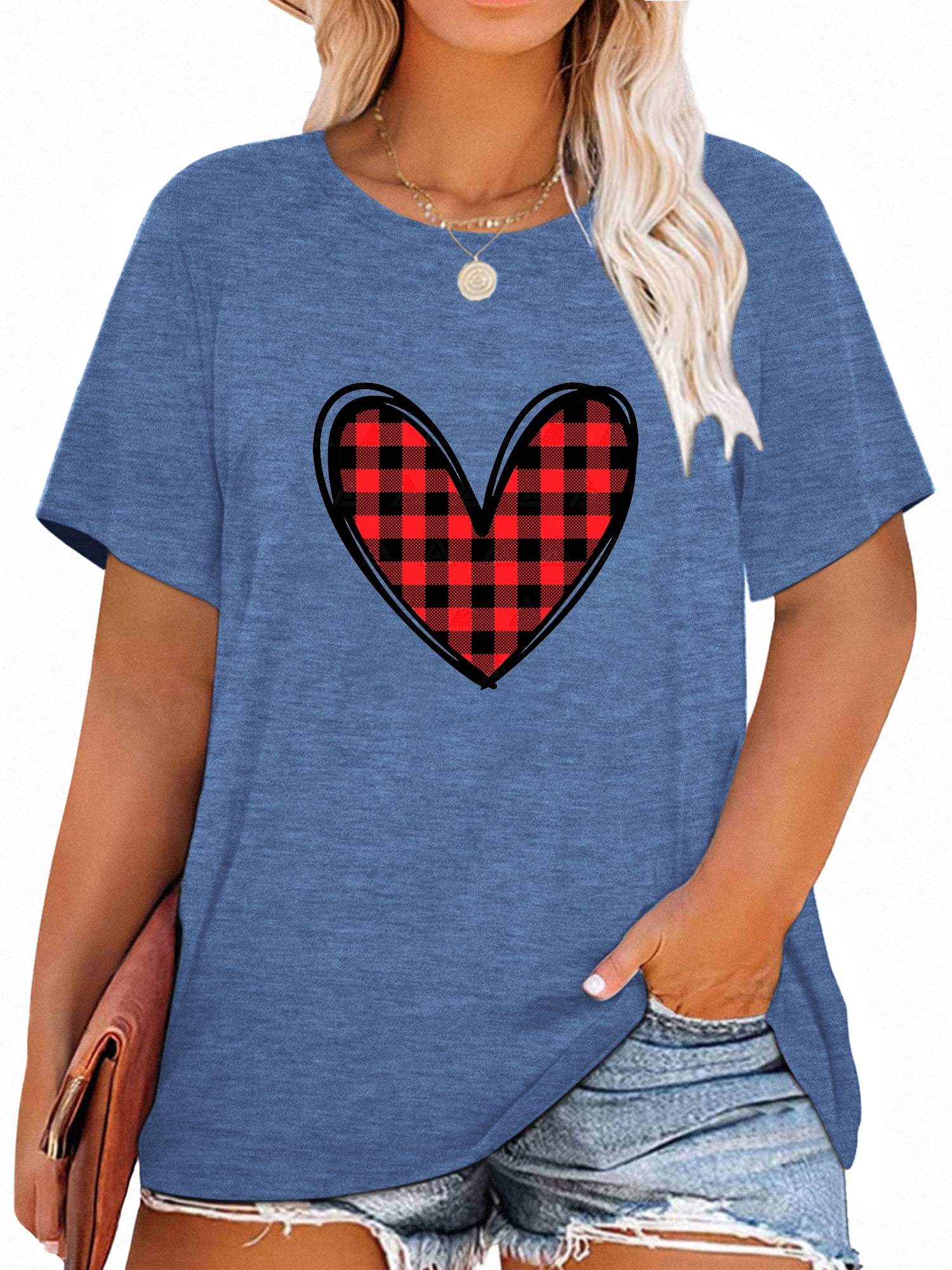 Anbech Women Heart Printed Plus Size TShirts Graphic LOVE Heart Print