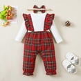thumbnail image 3 of Kucnuzki Infant Baby Girl Romper 12-18 Months Ruffle Long Sleeves Bodysuit Bowknot Plaid Fake 2pcs Romper + Headband Red, 3 of 10