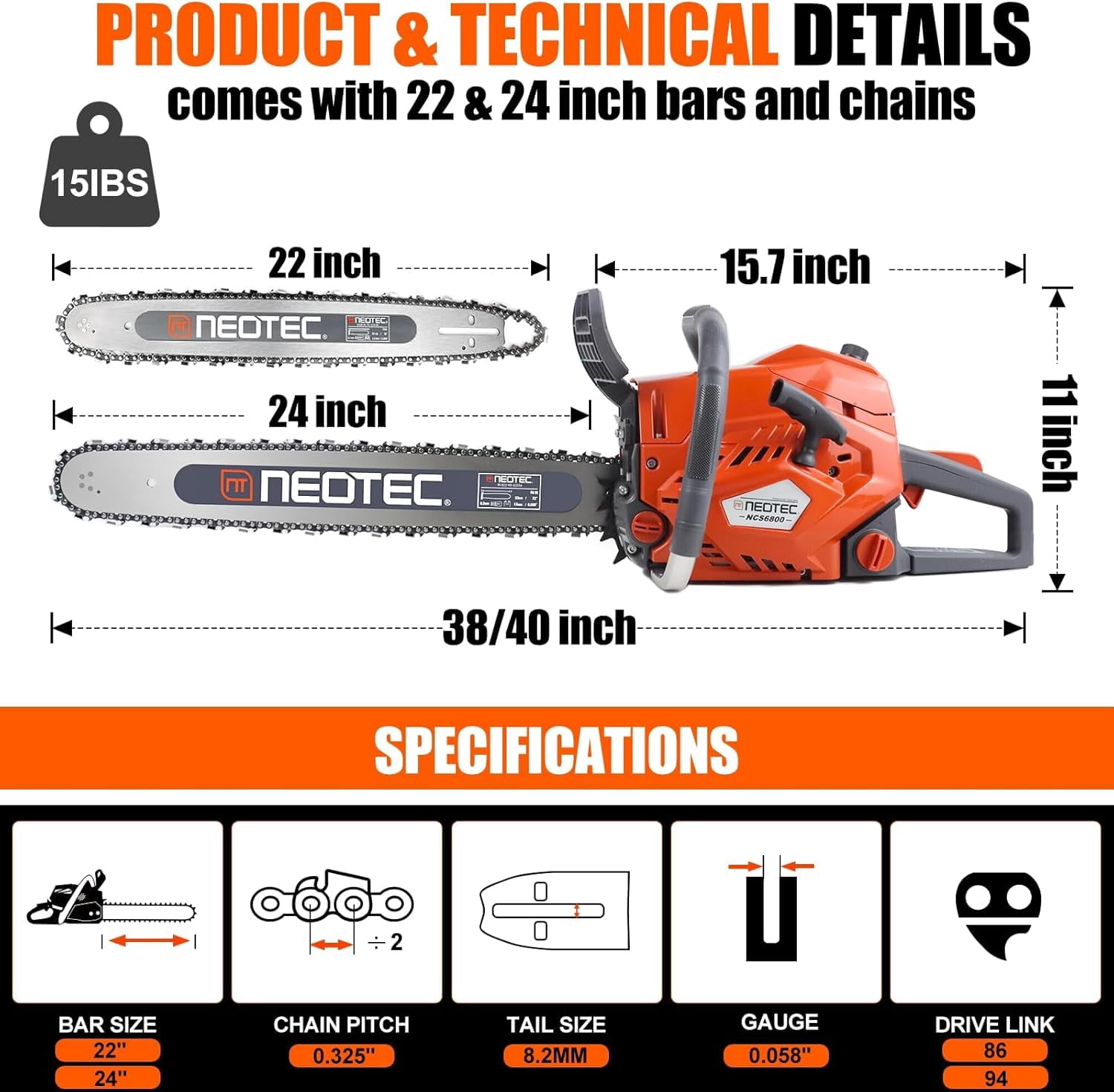 68CC Gas Powered Chainsaw, 22/24 Inch Gasoline Chain Saw 2-Cycle Handheld Petrol Engine for Tree Cutting, Logging, Firewood, Storm Cleanup and Farm Use