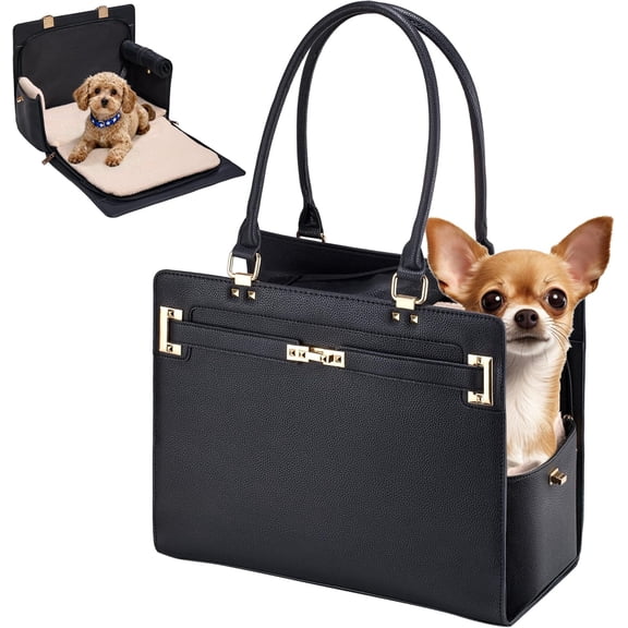 Dog Purse Carrier for Small Dogs, Stylish Foldable Pet Carrier Purse Tote Bag with Washable Cushion & Safety Leash, Airline Approved Puppy Travel Bag with Pockets (Black)