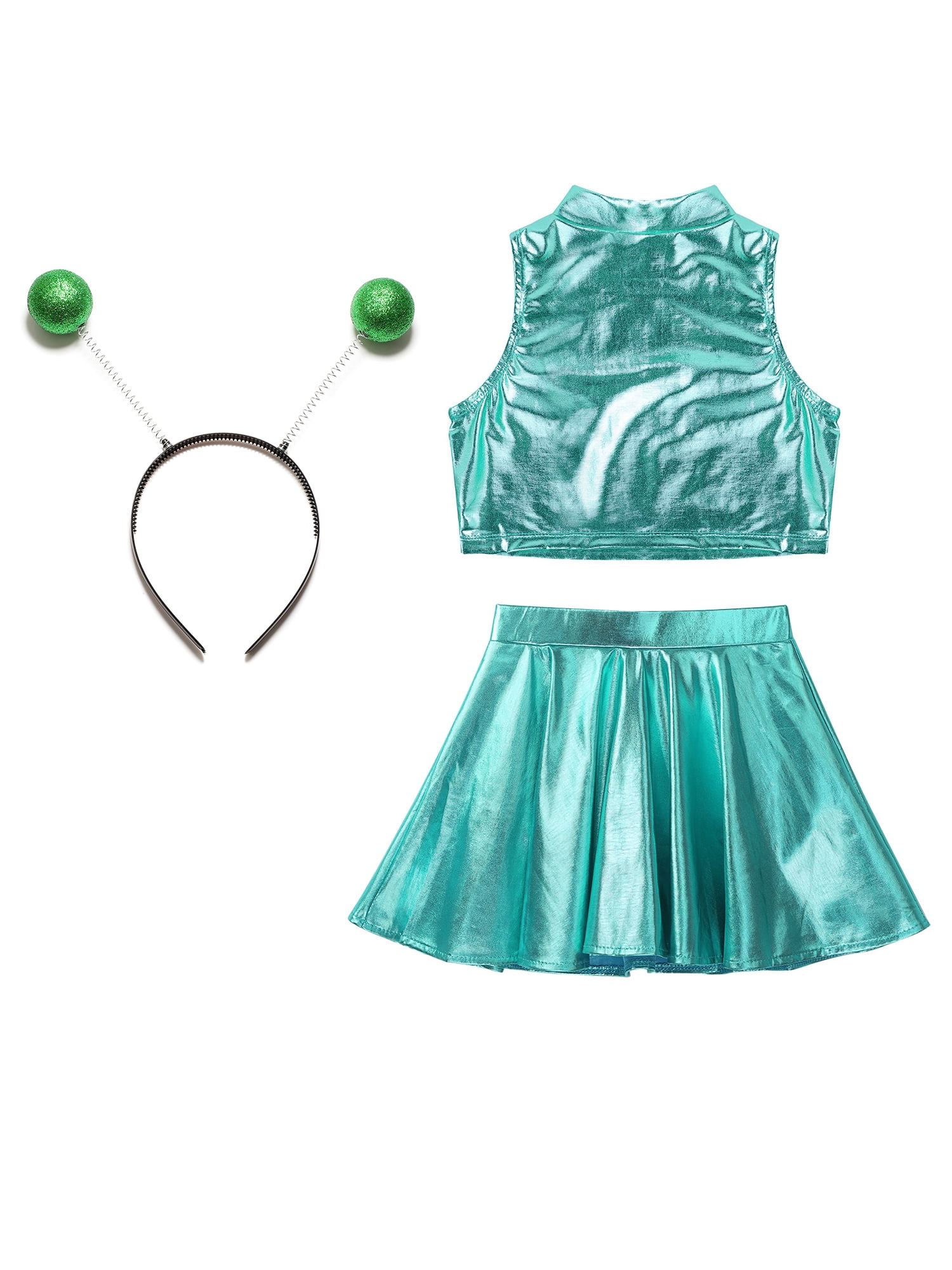 Doomiva 3Pcs Space Alien Outfit for Girls Holographic Metallic Skirt with Crop Top and Hair Hoop Set Lake Blue 16