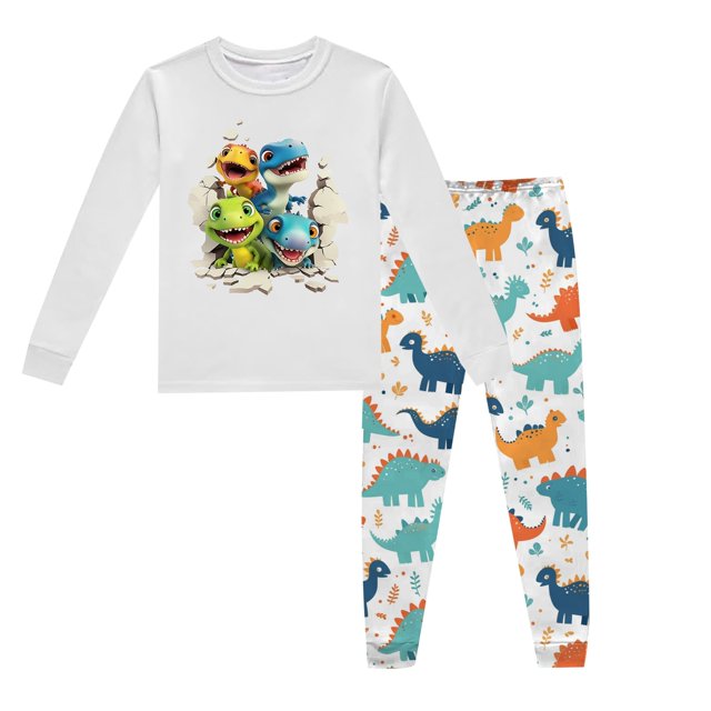 Pyjamas pour Garçons Ensemble de Pyjama Imprimé Dinosaure Col Rond Manches Longues Pantalon 2 Pcs Printemps Automne Pyjamas pour Tout-Petits Gris Clair 7 Ans-8 Ans