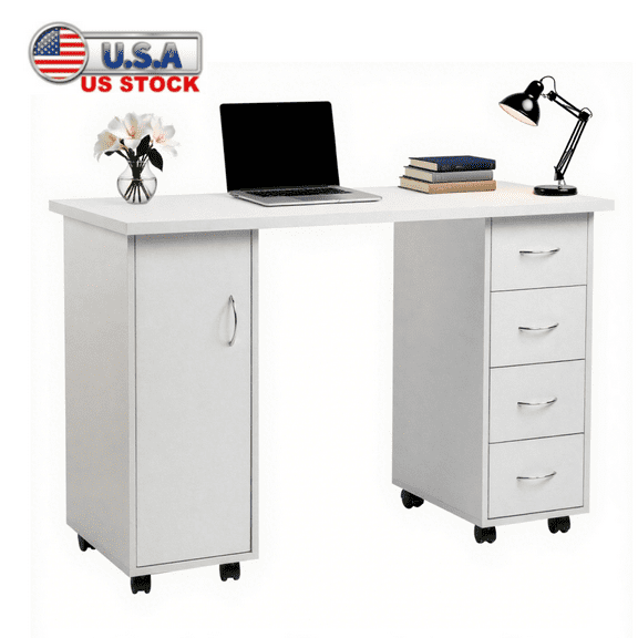 Tcbosik 47" Rolling Computer Desk with Door and Drawers, Home Office Table with Shelves, Study Writing Table, Multi-Function Manicure Nail Table,PC Table for Bedroom, Living Room, White