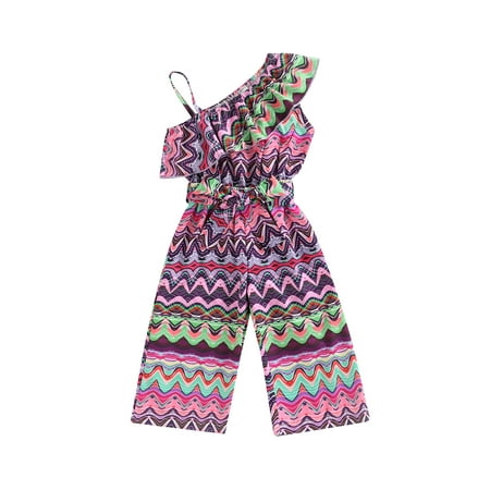 

Calsunbaby Kids Baby Girls Casual Suspender Jumpsuit Wave One-shoulder Long Romper with Belt Summer Clothes Colorful 3-4 Years