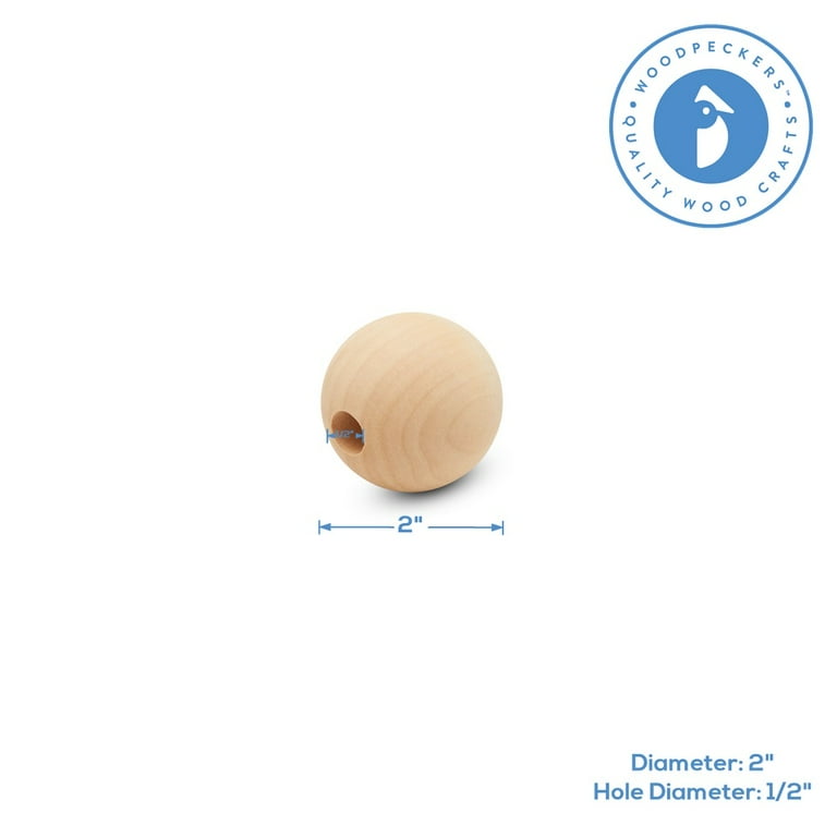 Unfinished Wooden Ball Beads 2-inch Diameter, 1/2-inch Hole, Pack of 12  Large Wooden Beads for Crafts, Macrame Beads, by Woodpeckers