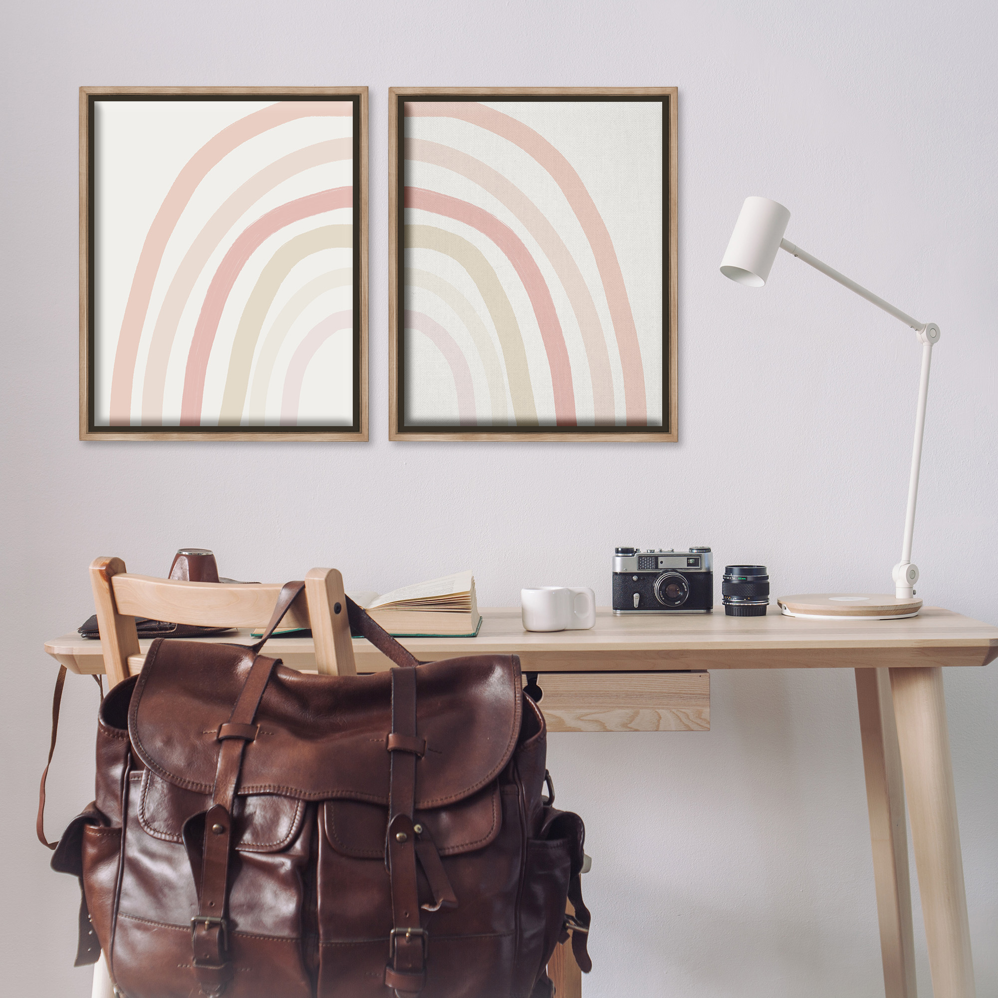 Stupell Industries Children's Soft Pastel Rainbow Shape Landscape Painting Brown Floater Framed Canvas Art Print Wall Art, 25 x 31, Set of 2