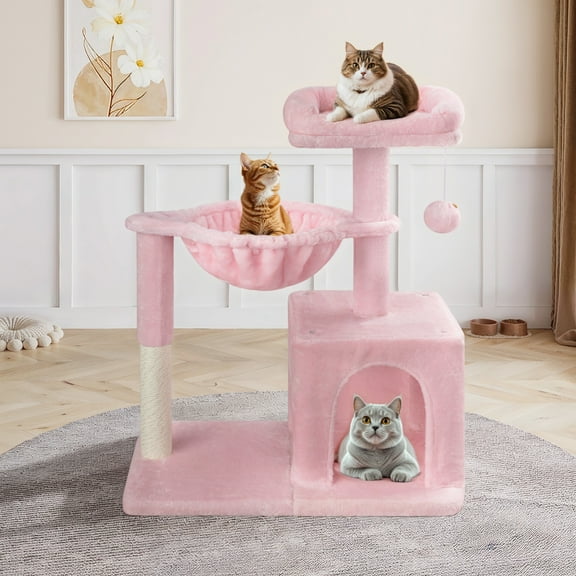 Einfach Small Cat Tree 29.5" Tower Condo with Sisal Scratcing Post Hammock Top Perch for Indoor Cats, Pink