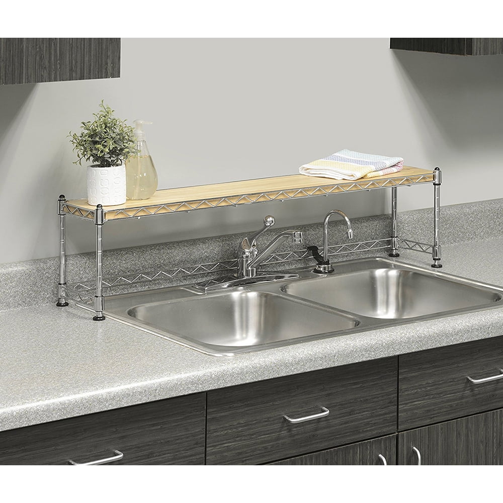 Whitmor Supreme Sink Shelf - Multiuse Organizer - Wood and Chrome 40lb Capacity - Silver