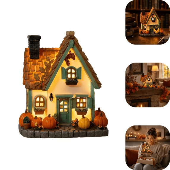 Light Up Resin Cottage House with Pumpkins - Halloween & Thanksgiving Autumn Fall Decoration, Battery Operated LED Glowing Miniature Village Tabletop Decor