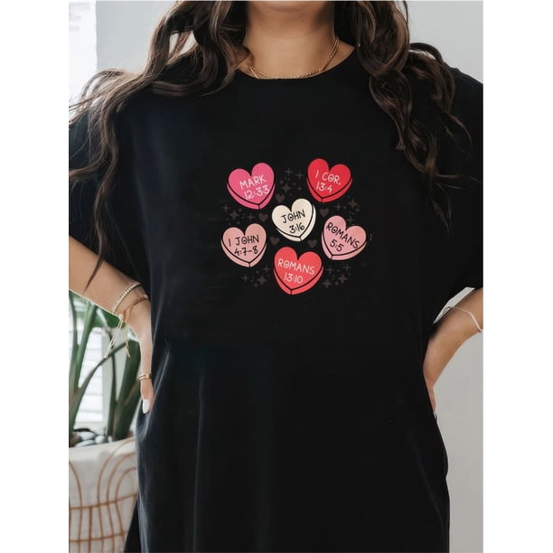 Camiseta cristiana de San Valentín para mujer, 100 % algodón, cuello redondo, manga corta, estampado de "Amor y Cupido", tejido de punto informal para todas las estaciones.