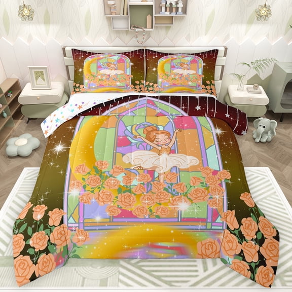 Feelyou Magic Girl Princess Bedding Comforter Set, Dreamy Fairy Tale Twin Comforter Sets, Orange Rose Flower Reversible Bedding Set, Super Cozy Room Decor, 2-Piece