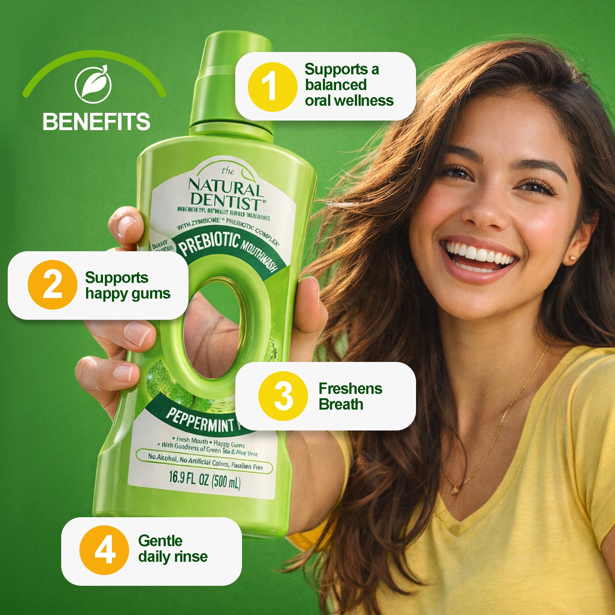 The Natural Dentist Prebiotic  Mouthwash Oral Rinse - Happy Gums -  Peppermint Pop - 16.9 fl oz