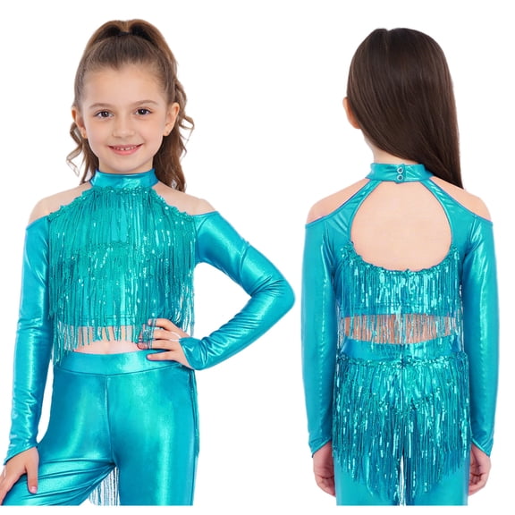 iiniim Girls Metallic Sequin Tassel Crop Top Cold Shoulder Cutout Back Long Sleeve Latin Jazz Dance Shirt Light Blue 12