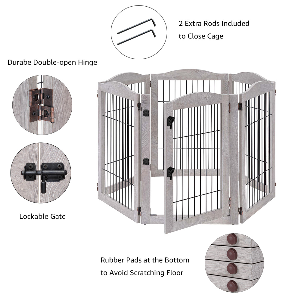 Unipaws Extra Wide Freestanding Dog Gate, 6 Panels Pet Playpen with Wood and Wire, Walk Through Dog Gate with 5 Support Feet