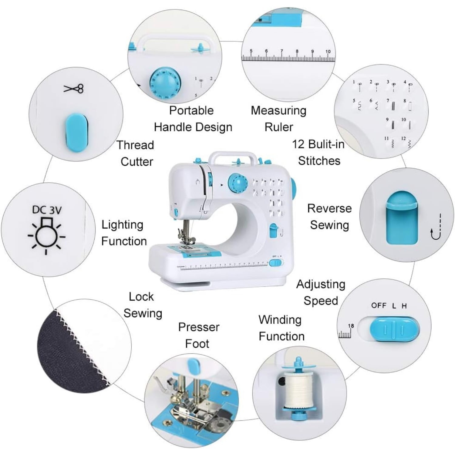 Mini Sewing Machine, Portable Multi-Purpose Crafting Mending Machine Household 12 Built-in Stitches & Double Thread for Beginners Blue