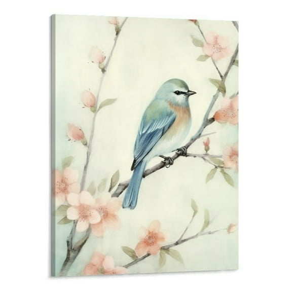 ONETECH Bird Pictures Wall Art Canvas: Gold Foils and Heavy Texture Beautiful Birds on Branch Picture Pink Flower for Bedroom 16"x20"