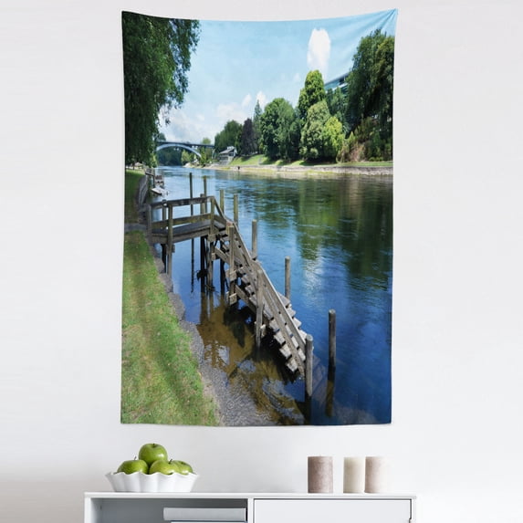 Outdoor Tapestry, Waikato River Hamilton City New Zealand Holiday Destination Travel Landmark, Fabric Wall Hanging Decor for Bedroom Living Room Dorm, 5 Sizes, Green Blue Grey, by Ambesonne