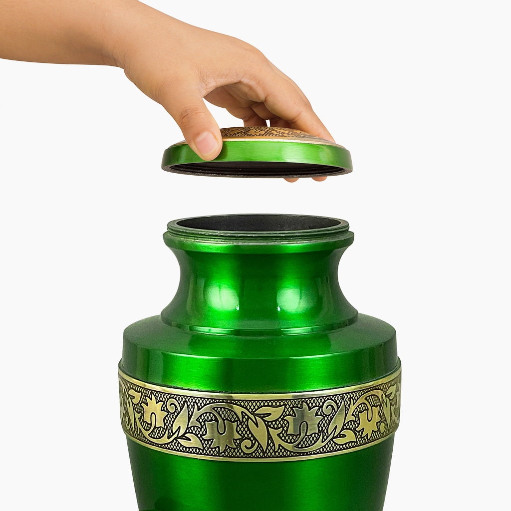 Set of 6 Green & Gold Grecian Cremation Urns for Cremation Ashes – 1 Large Adult Urn, 4 Keepsake Urns & 1 Necklace Urn, Handcrafted Memorial Tribute