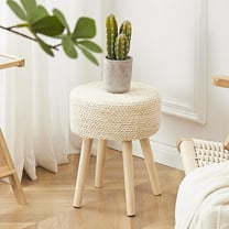 IVV 13" Round Hand-woven Ottoman, Modern Boho Pouf Ottoman Footrest Stool with Solid Wood Legs and Anti-Slip Footpads, Hand Weave Hyacinth Side Table for Living Room Bedroom Balcony Patio (Natural)