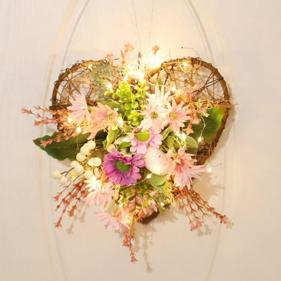 16Inch Heart-Shaped Easter Decorative Wreath with Lights,Handmade Artificial Fern Greenery Wreath Easter Decoration for Front Door Indoor