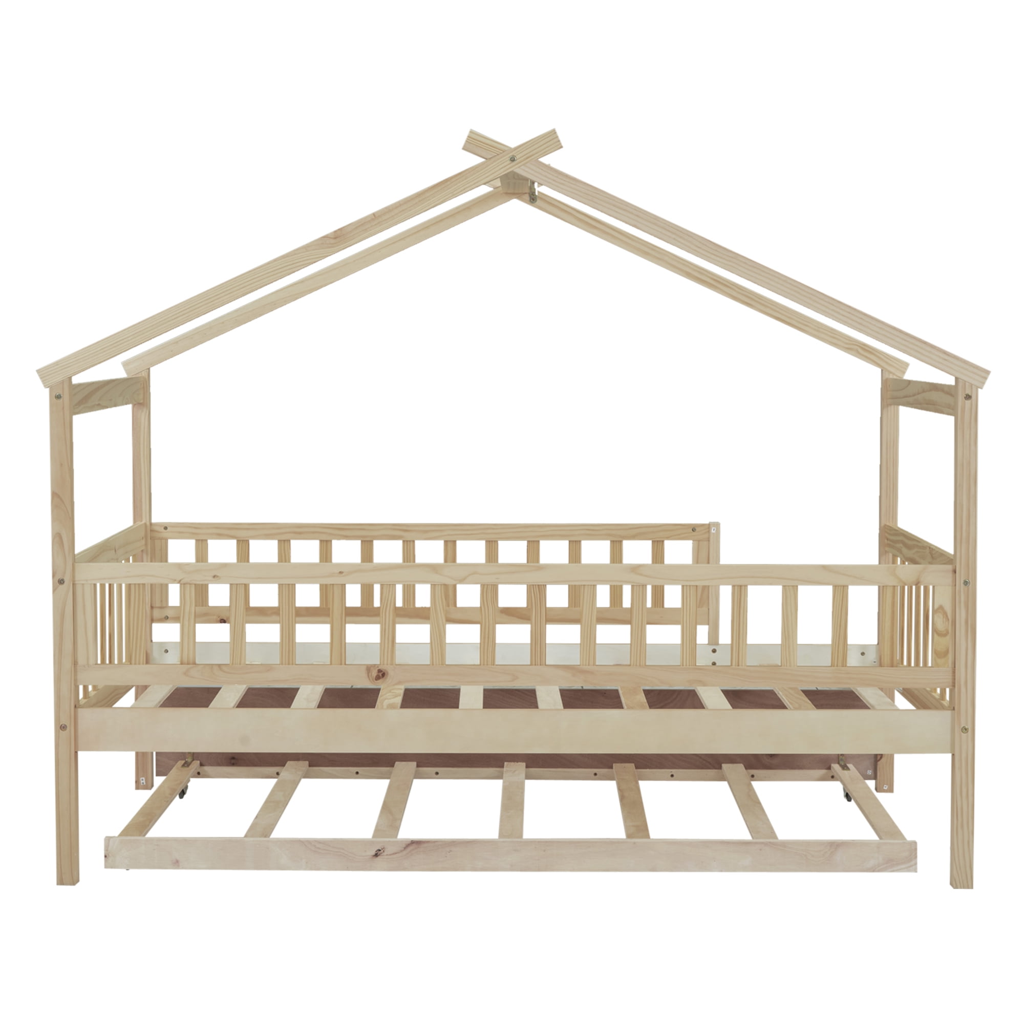 Holaki Twin Size Wood House Bed with Trundle and Guardrails for Kids, Natural