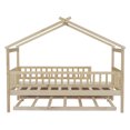thumbnail image 4 of Holaki Twin Size Wood House Bed with Trundle and Guardrails for Kids, Natural, 4 of 7