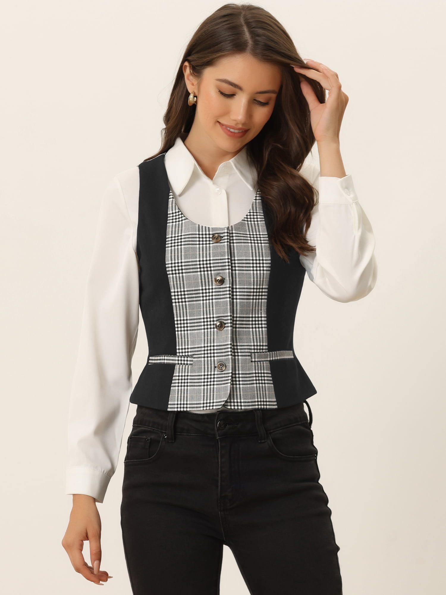 DARING DIVA Women's Vintage Waistcoat Vest Plaid Button Down Vests XS Black