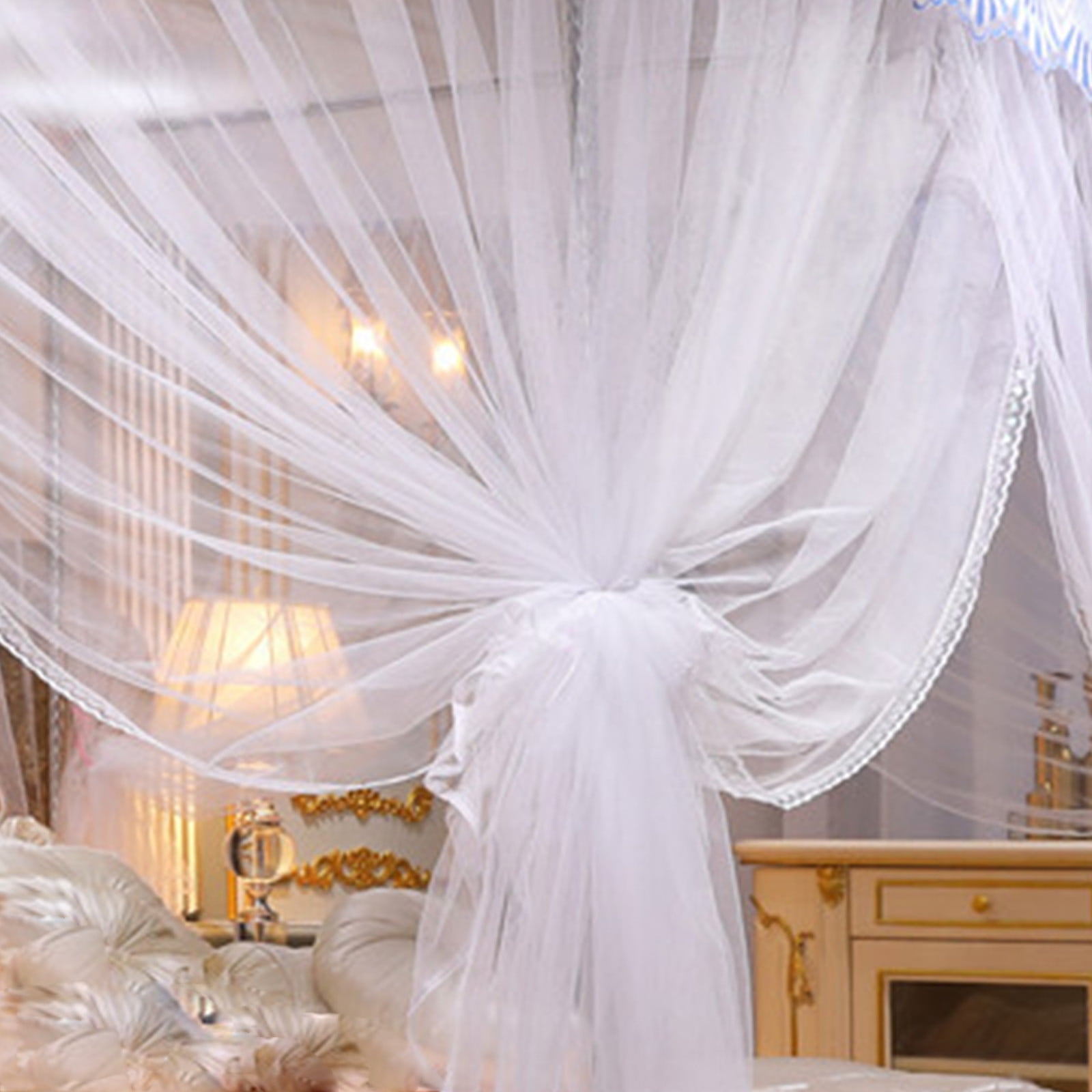 Luxury Bed Curtains Canopy, Ruffle Tassel 4 Corner Post Canopy Netting, Bed Canopy for Girls Kids Adult, Bedding Décor (47.24×78.74×78.74in)