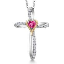 925 Silver and 10K Yellow Gold Pink Created Sapphire and White Lab Grown Diamond Pendant Necklace for Women | 0.68 Cttw | Gemstone September Birthstone | Heart Shape 4MM | With 18 inch Chain