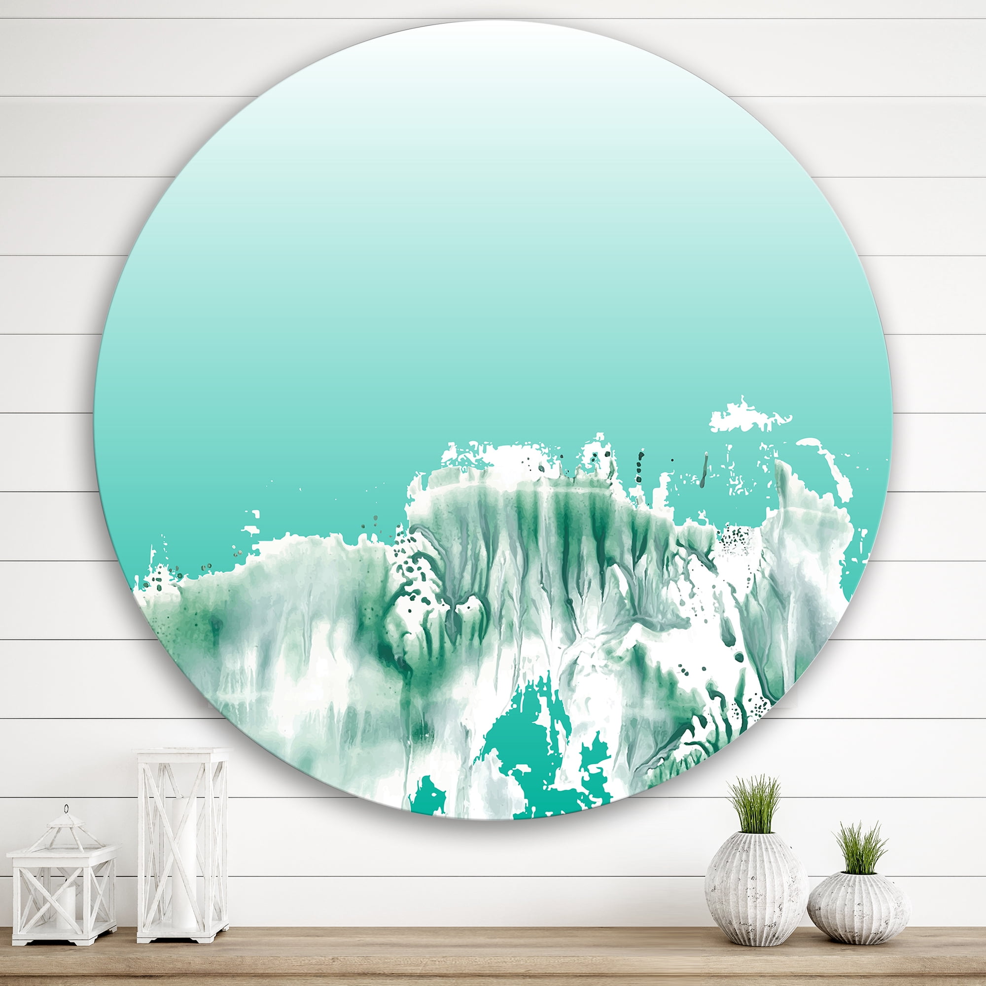 Designart 'Auquamarine Landscape Turquoise Splashes' Traditional Circle Metal Wall Art 29x29 - Disc of 29