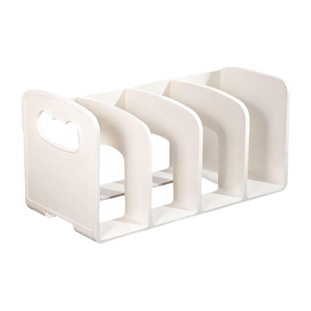 Organizador de escritorio acrílico con cuatro compartimentos para archivos y carpetas. Blanco