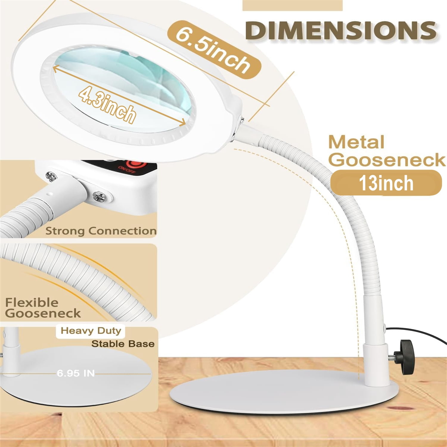 RunSenFo 4.4-inch Magnifying Glass with Light and Stand with Flexible Goose-Neck - White