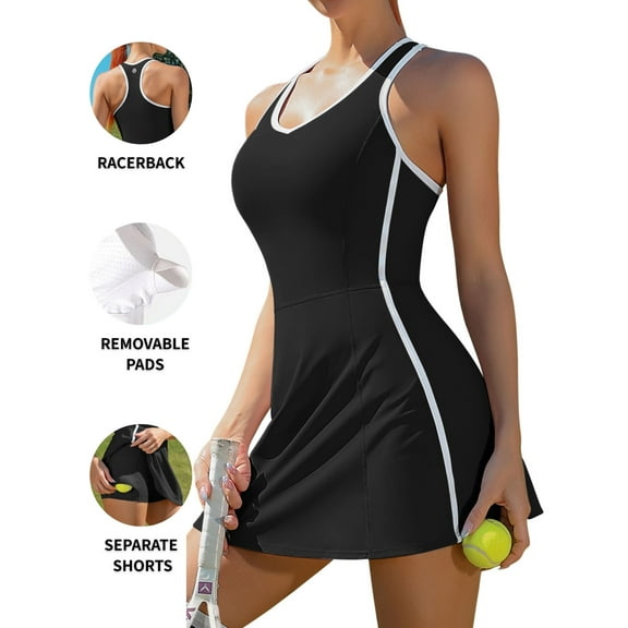 Attraco Tennis Dresses for Women Contrasting Colors with Shorts and Pockets and Bra V Neck Racerback Golf Activewear