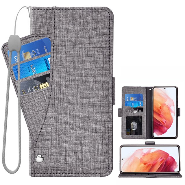 Compatible avec Samsung Galaxy S21 Plus Étui Portefeuille avec Dragonne en Cuir, Couverture Rabattable, Porte-Cartes, Support pour Téléphone, pour Femmes et Hommes - Gris