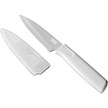 

Kuhn Rikon COLORI Non-Stick Serrated Paring Knife with Safety Sheath 4 inch/10.16 cm Blade White