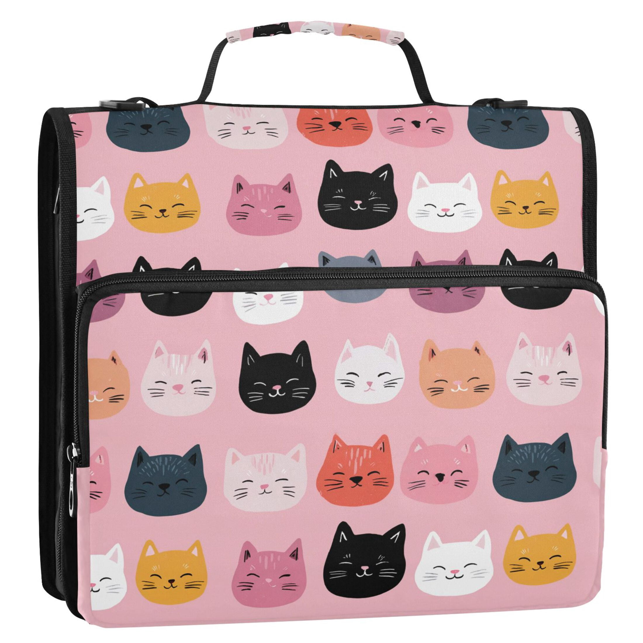 Zipper Binder Cute Cat 1.5 Inch Binder Folder Bag with Shoulder Strap and Handle