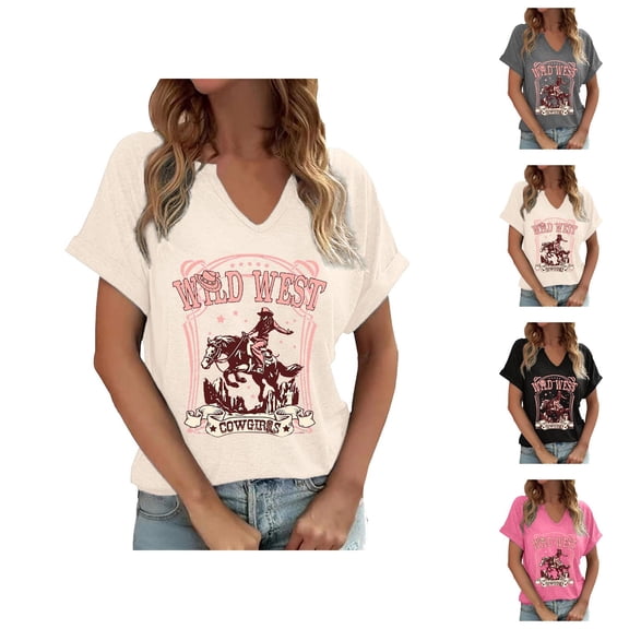 Wild West Cowgirls Graphic Tees for Women 2026 Summer Casual Short Sleeve V Neck T Shirts