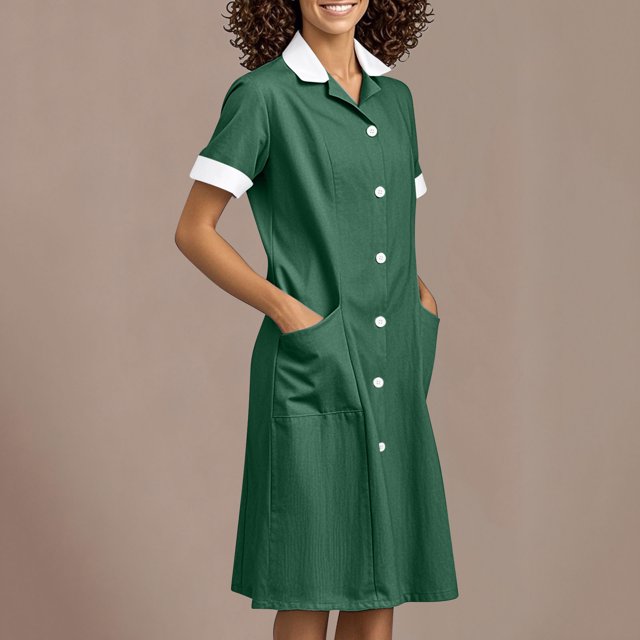 Tidyack , Offre Exclusive, Robe à Revers d'Infirmière, Robe de Travail Unie, Poches + Empiècement à Boutons, Longueur Midi, pour le Personnel de la Santé, Tenue de Travail Professionnelle, Mélange de Coton, Coupe Nette, Uniforme Quotidien